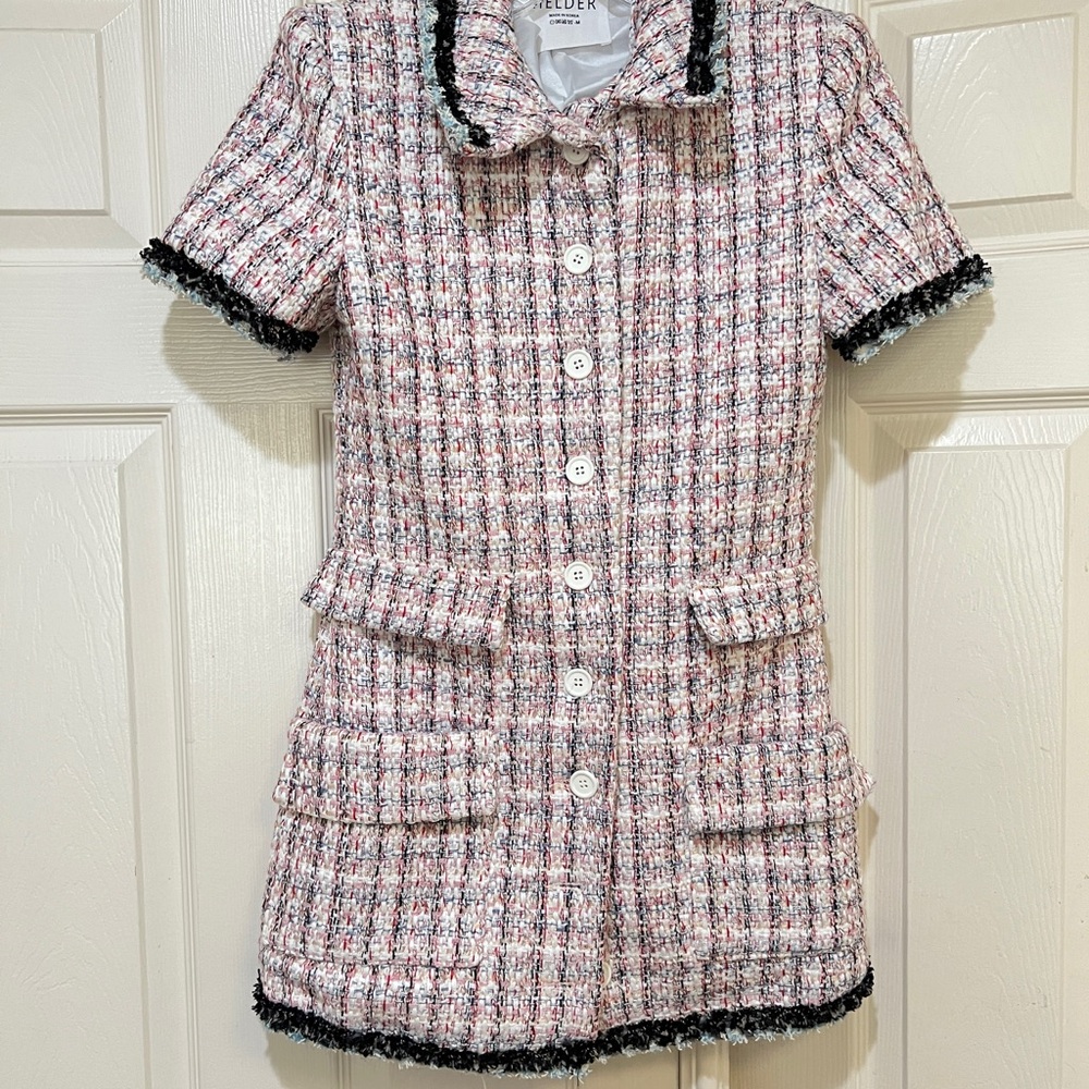 women Sz medium Enchanted Tweed mini Shirtdress quite luxury old money pockets - Picture 4 of 16
